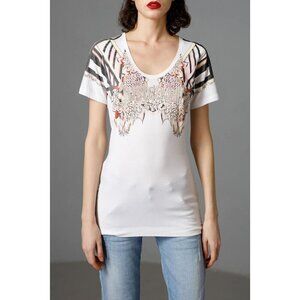 Just Cavalli Size Small  Top Blouse Short Sleeve Abstract Embellished